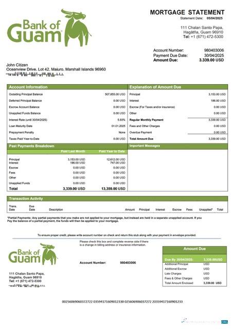 Download Marshall Islands Bank of Guam mortgage statement Word and PDF template Photoshop template